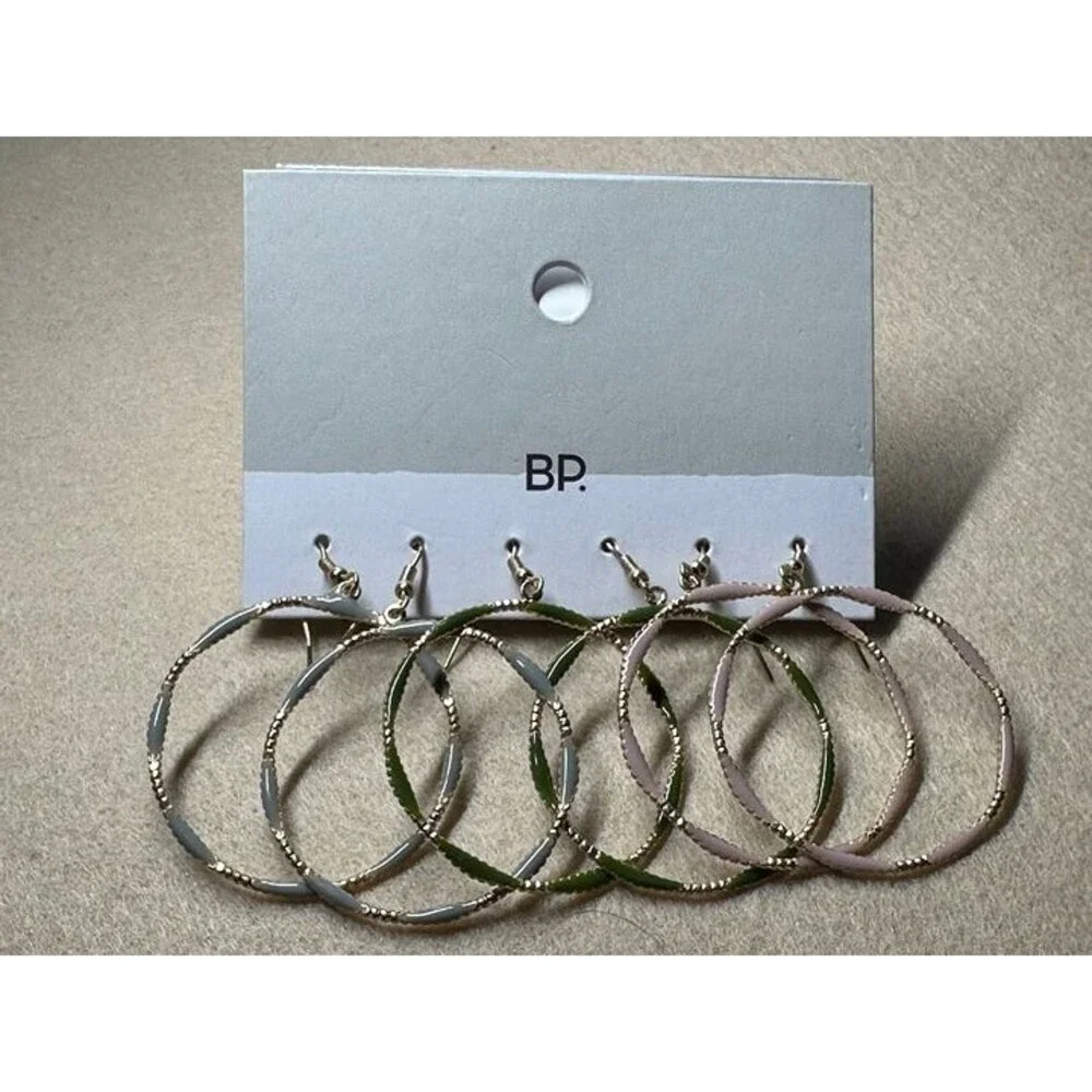 BP. 3-Pair Enamel Hoop Earrings Set Gray Green Pink Gold Tone NWT New Boho